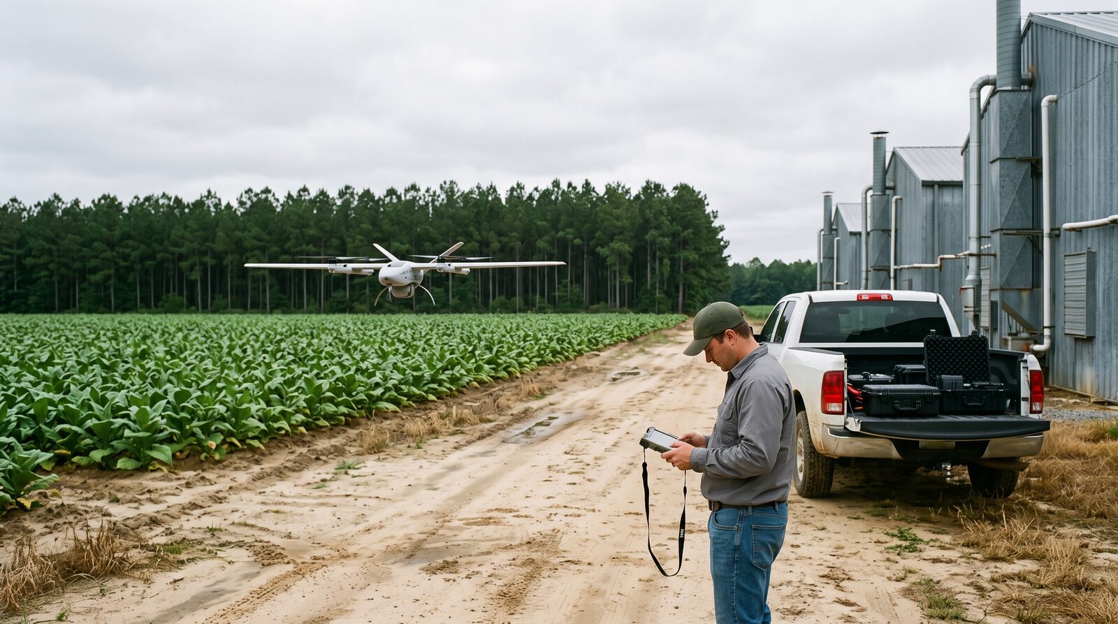VTOL mapping drone lifting off beside a flue-cured tobacco field with curing barns in eastern North Carolina