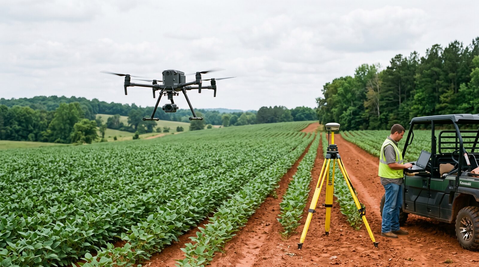 Mapping quadcopter over soybean rows with an RTK GNSS base station on a tripod in the North Carolina Piedmont