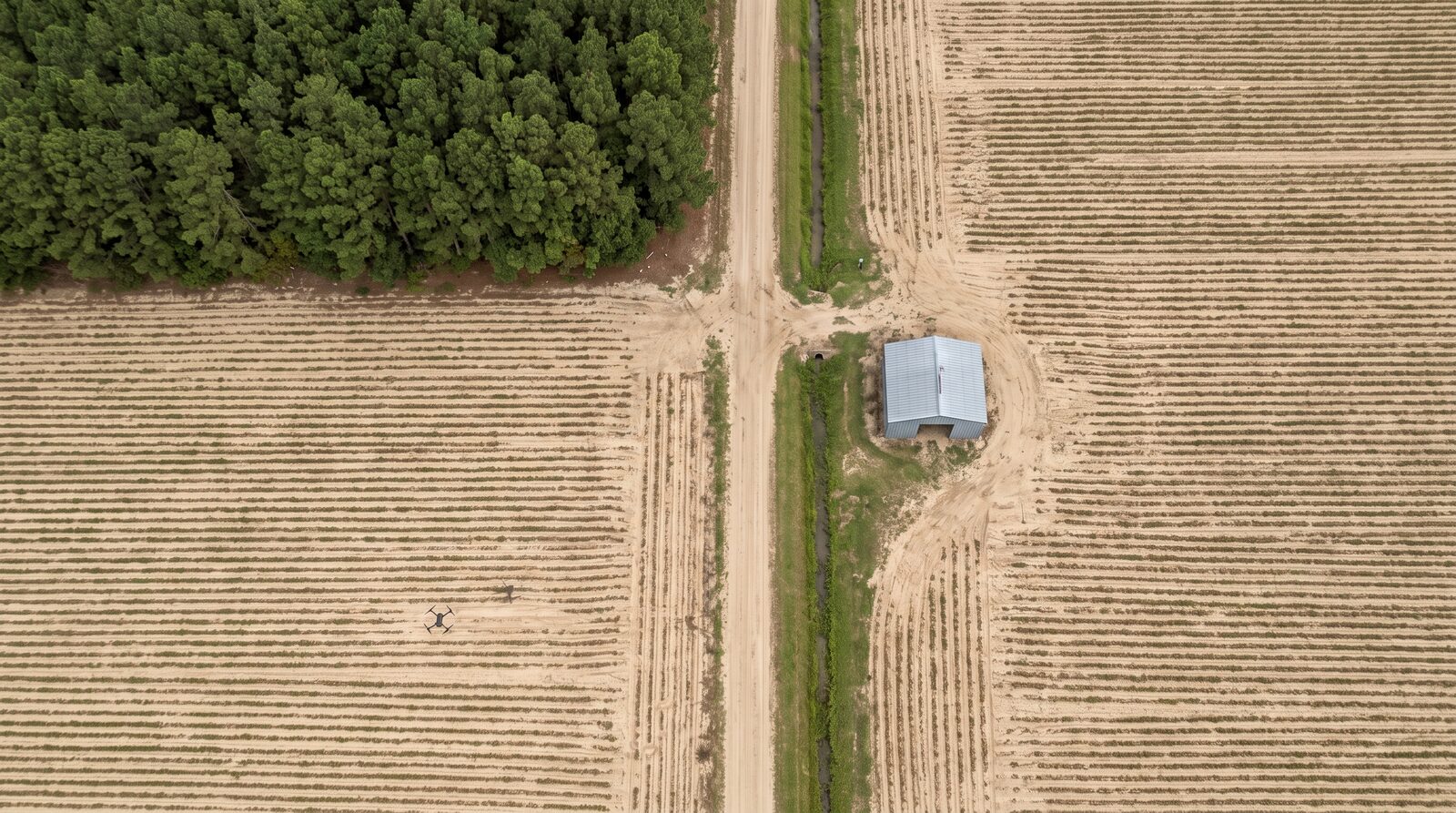 Straight-down drone orthomosaic of peanut rows, a field road and a drainage ditch in Bertie County, North Carolina