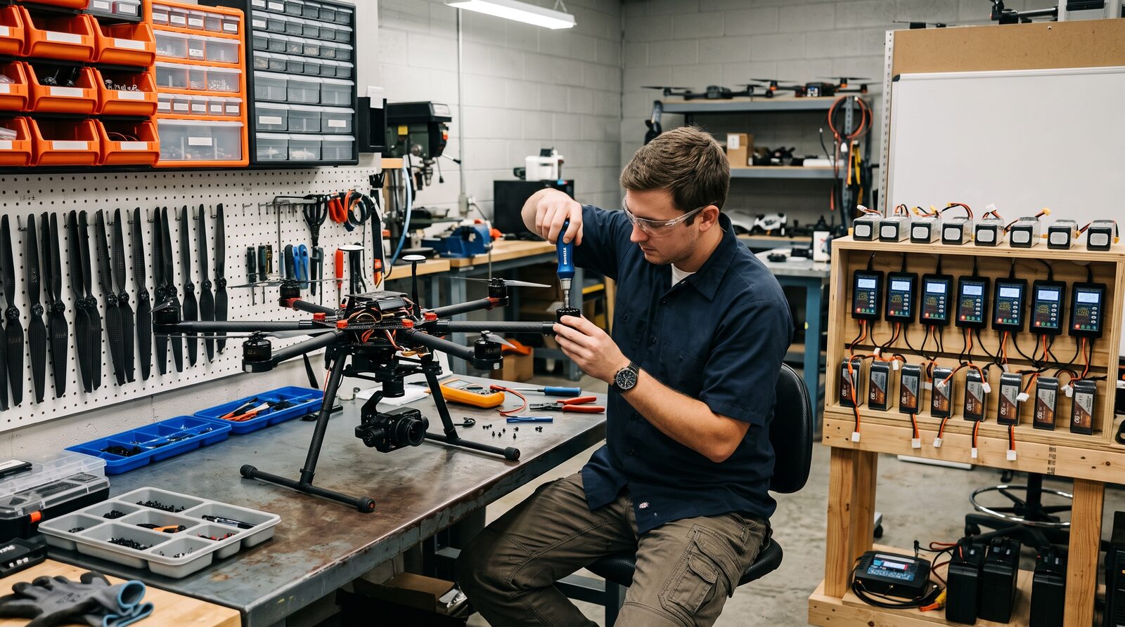 Technician replacing a brushless motor on a mapping drone at the Lavarient service bench in Mooresville, North Carolina