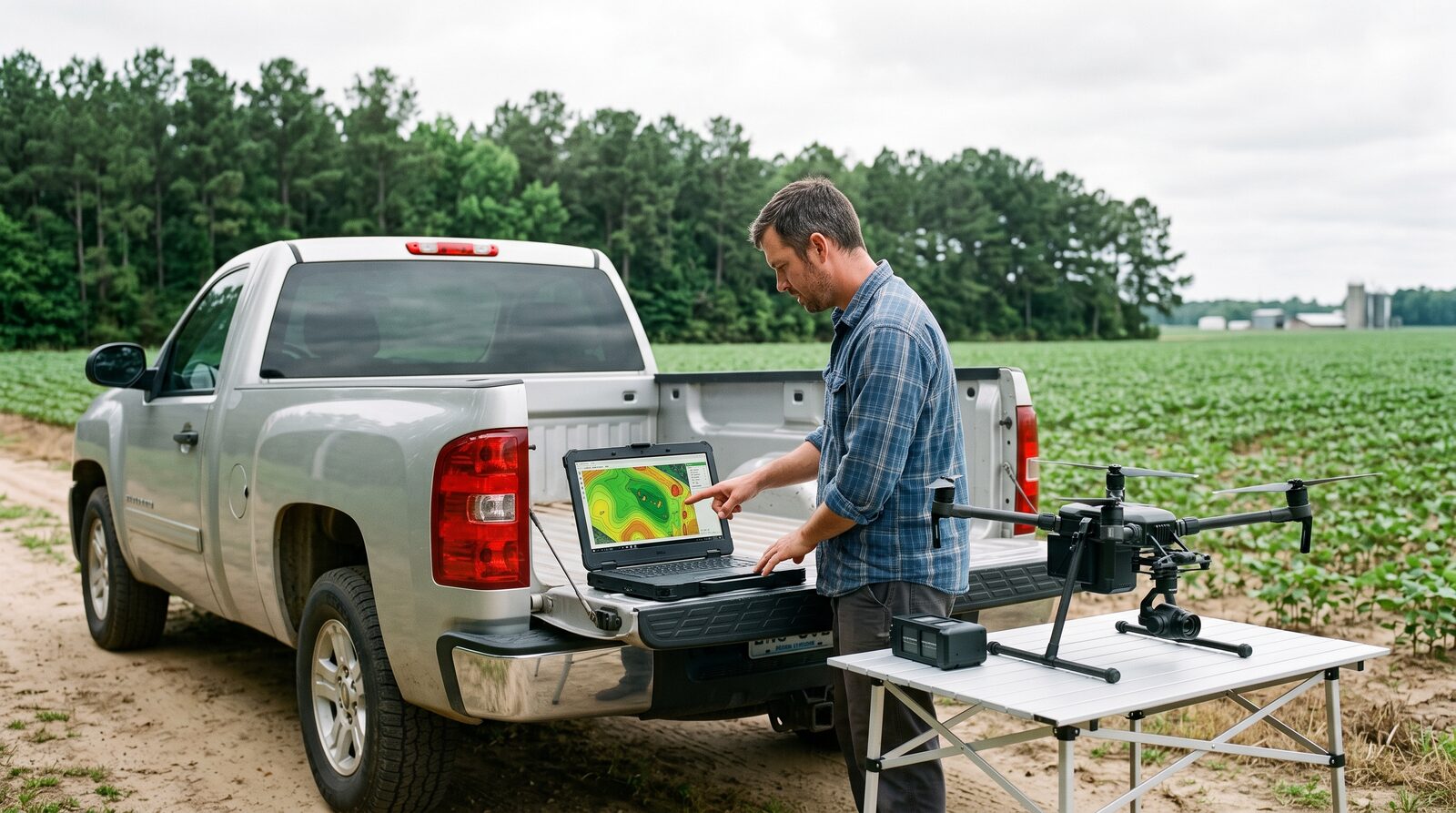 Laptop on a pickup tailgate showing a drone field map with elevation contours and management zones