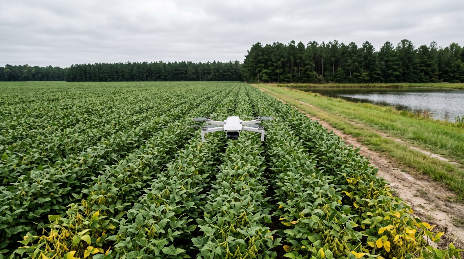 Small mapping quadcopter hovering low over a soybean canopy at pod fill in September